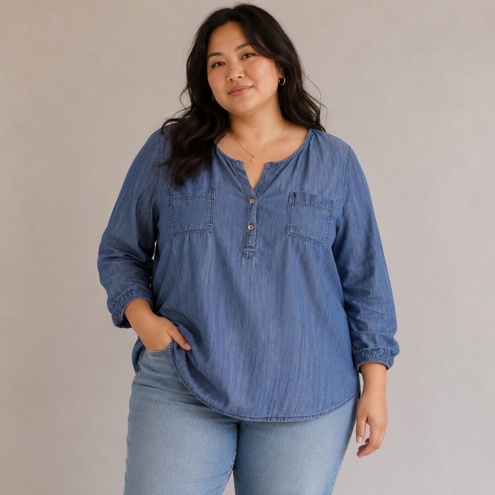 Lane Bryant Blue Popover Blouse Women Sz 18/20 Petite Minimalist Coastal Chic
